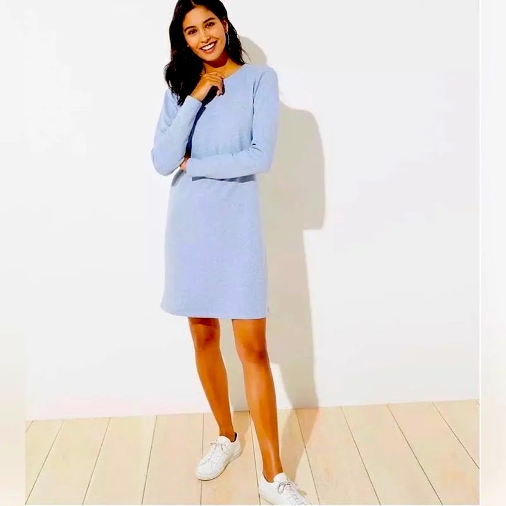 LOFT Puff Shoulder Long Sleeve Sweatshirt Dress in Light Heather Blue
